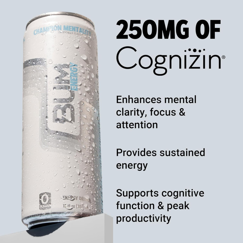 Bum Energy Drink Champion Mentality, Clean Energy, Focus and Cognizin, Zero Sugar, 355ml
