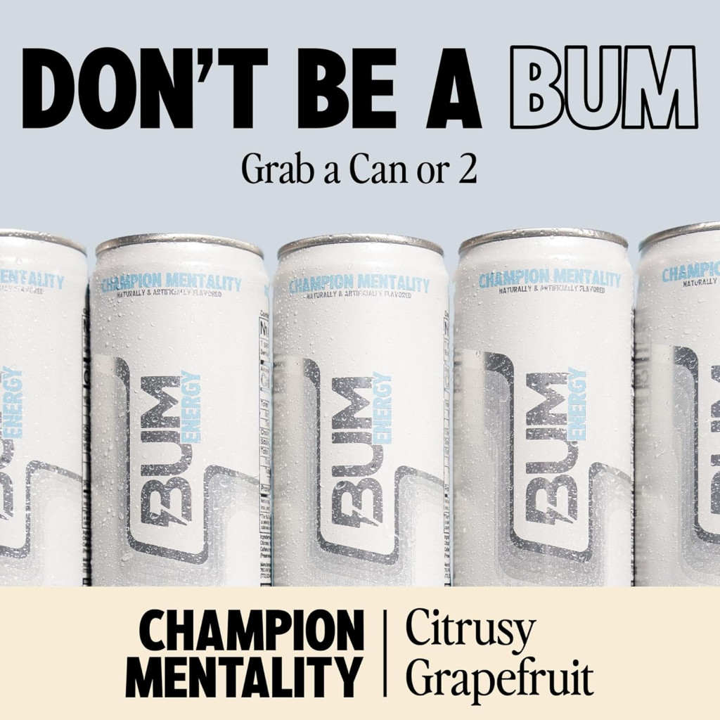 Bum Energy Drink Champion Mentality, Clean Energy, Focus and Cognizin, Zero Sugar, 355ml