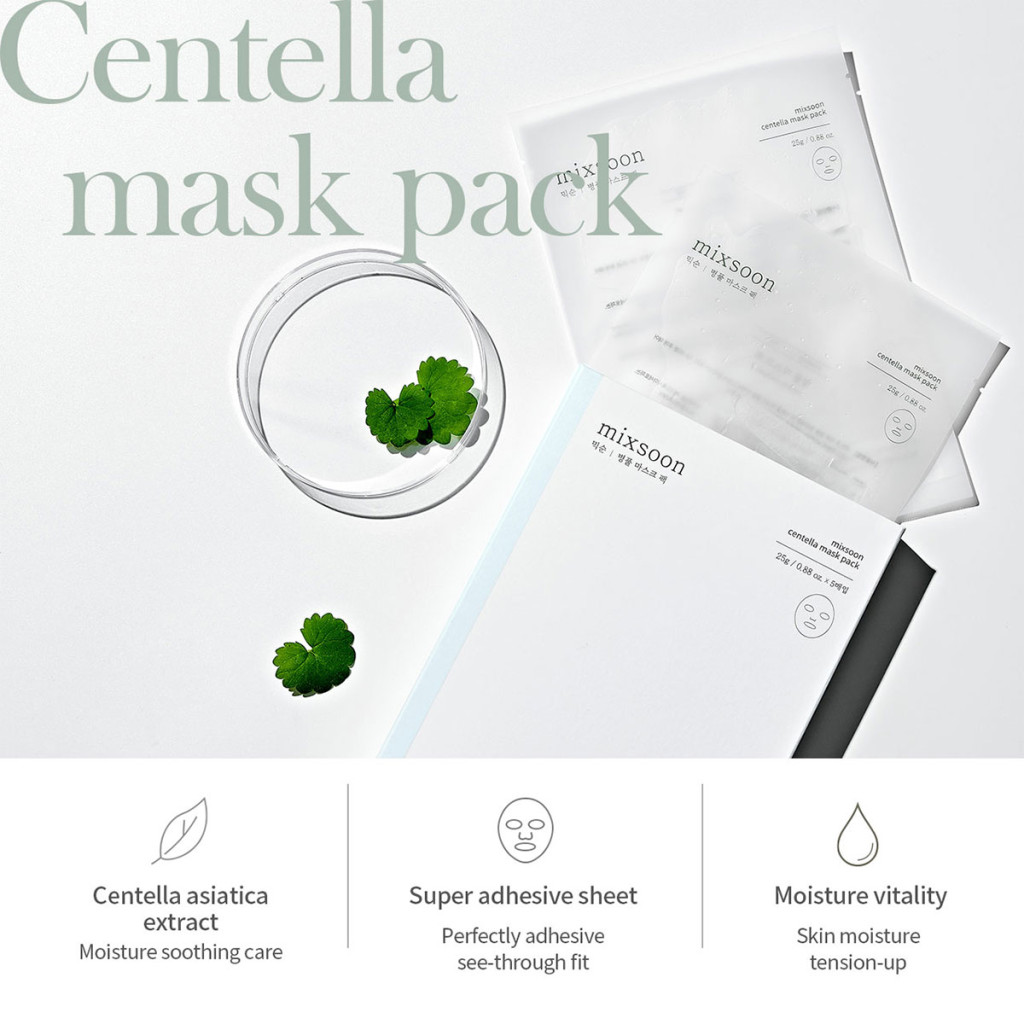 Mixsoon Centella Mask Pack 25g, Soothing Sheet with Asiatica Extract for Hydration and Skin Repair, 5pcs