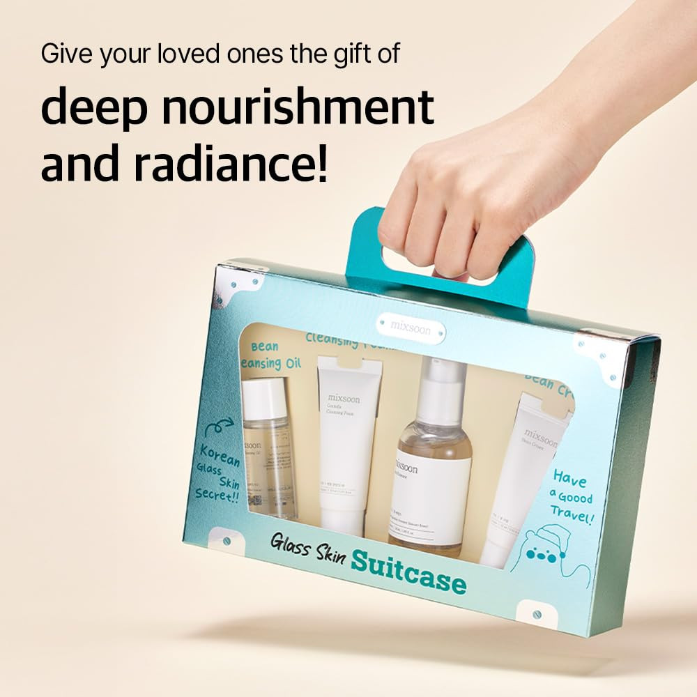 Mixsoon Glass Skin Suitcase – Travel Skincare Set with Bean Cleansing Oil, Centella Foam, Essence and Cream