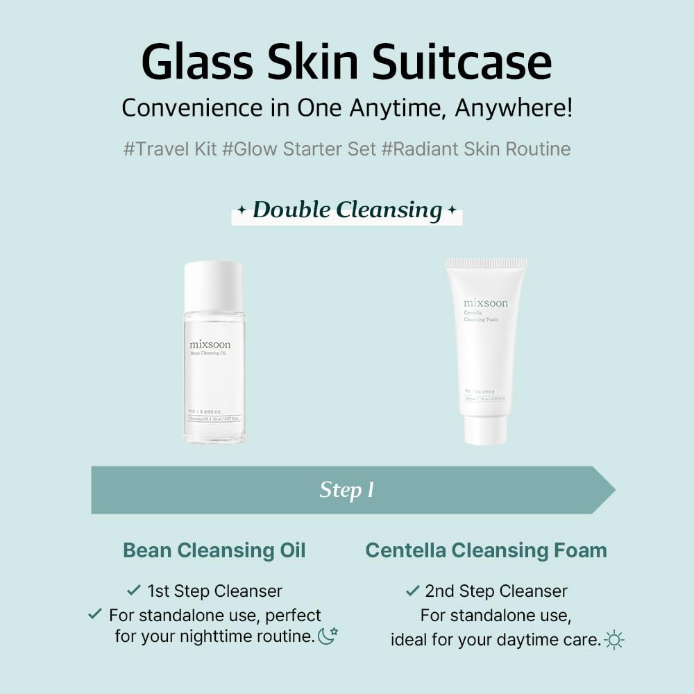 Mixsoon Glass Skin Suitcase – Travel Skincare Set with Bean Cleansing Oil, Centella Foam, Essence and Cream