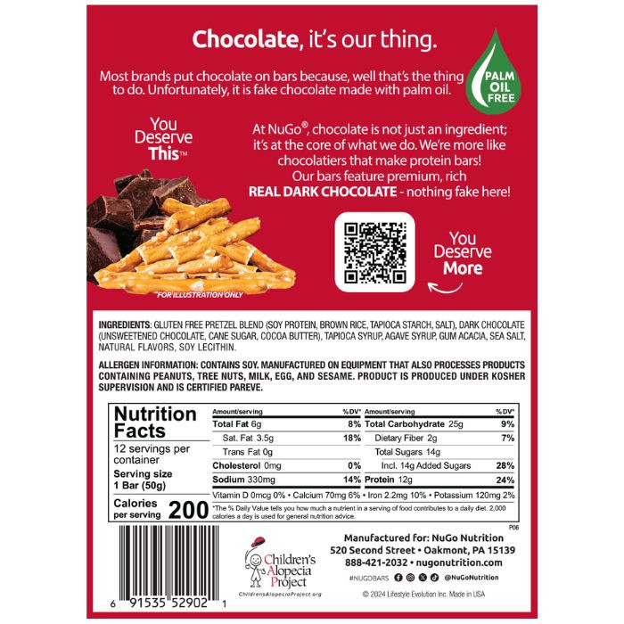 NuGo Dark Chocolate Pretzel Bar 50g, 12g Protein, Gluten Free, No Palm Oil, Pack of 12 pcs