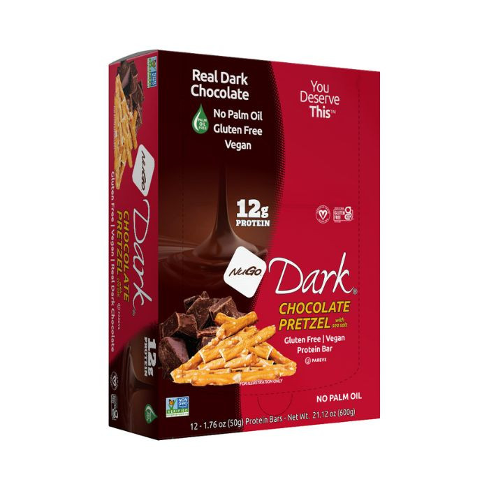 NuGo Dark Chocolate Pretzel Bar 50g, 12g Protein, Gluten Free, No Palm Oil, Pack of 12 pcs