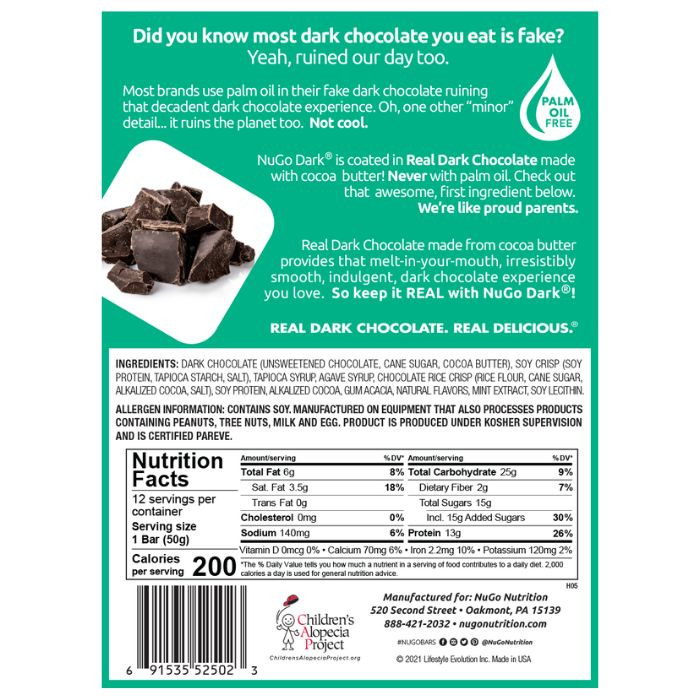 NuGo Dark Mint Chocolate Chip Bar 50g, 13g Protein, Gluten Free, Non-GMO, Pack of 12 pcs