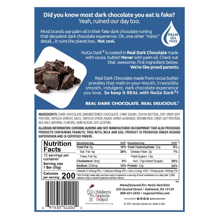 NuGo Dark Chocolate Almond Sea Salt Protein Bar 50g, 12g Vegan Protein, Gluten Free, Pack of 12 pcs