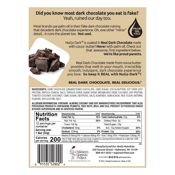 NuGo Dark Chocolate Coconut Bar 50g, 10g Vegan Protein, Gluten Free, Non-GMO, Pack of 12 pcs