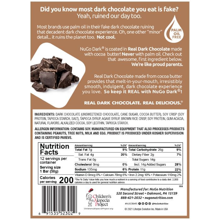 NuGo Dark Mocha Chocolate Protein Bar 50g, 11g Vegan Protein, Gluten Free, Non-GMO, Pack of 12 pcs