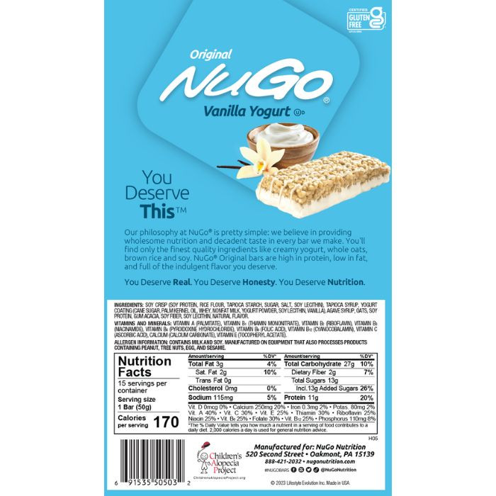 NuGo Original Vanilla Yogurt Protein Bar 50g, 11g Protein, Gluten Free Snack with Added Vitamins, Pack of 15 pcs