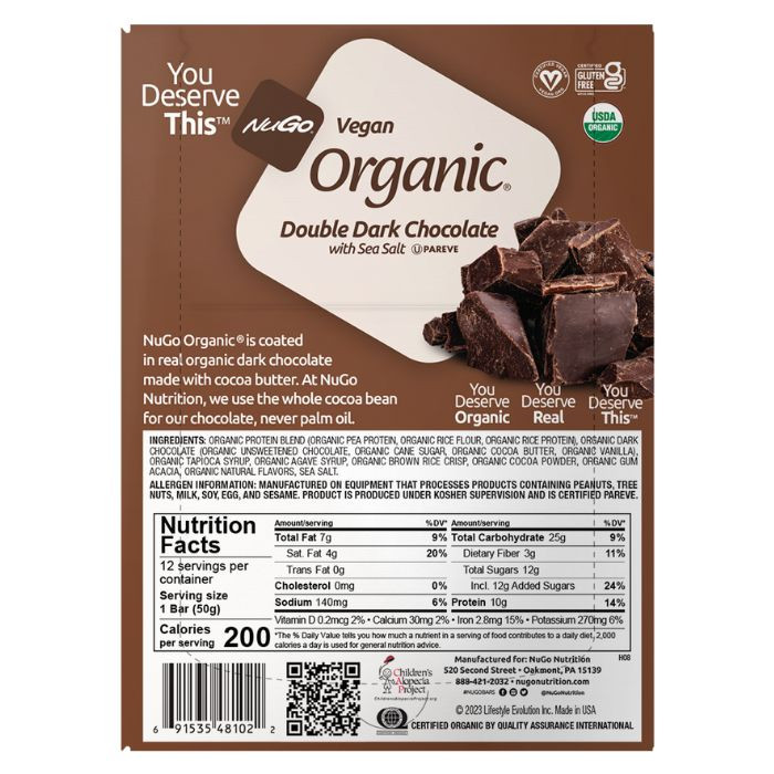 NuGo Organic Double Dark Chocolate Protein Bar 50g, Vegan, Gluten Free, 10g Protein, Pack of 12 pcs