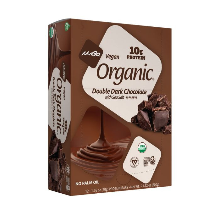 NuGo Organic Double Dark Chocolate Protein Bar 50g, Vegan, Gluten Free, 10g Protein, Pack of 12 pcs