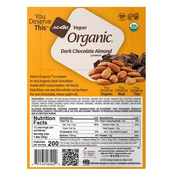 NuGo Organic Chocolate Almond Protein Bar 50g, Vegan, Gluten Free, 10g Plant Protein, Pack of 12 pcs