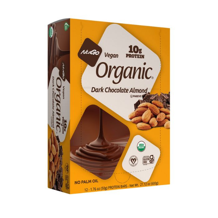 NuGo Organic Chocolate Almond Protein Bar 50g, Vegan, Gluten Free, 10g Plant Protein, Pack of 12 pcs