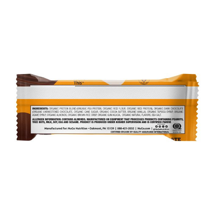 NuGo Organic Chocolate Almond Protein Bar 50g, Vegan, Gluten Free, 10g Plant Protein, Pack of 12 pcs