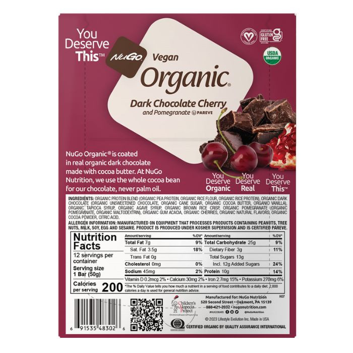 NuGo Organic Dark Chocolate Cherry Protein Bar 50g, Vegan, Gluten Free, 10g Plant Protein, Pack of 12 pcs