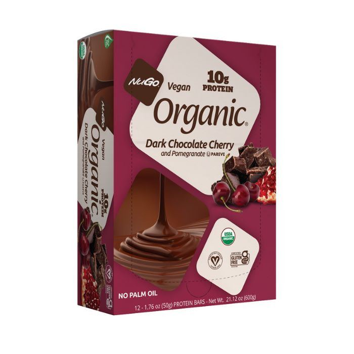 NuGo Organic Dark Chocolate Cherry Protein Bar 50g, Vegan, Gluten Free, 10g Plant Protein, Pack of 12 pcs