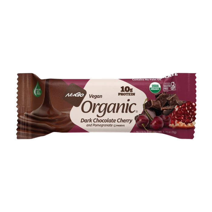 NuGo Organic Dark Chocolate Cherry Protein Bar 50g, Vegan, Gluten Free, 10g Plant Protein, Pack of 12 pcs