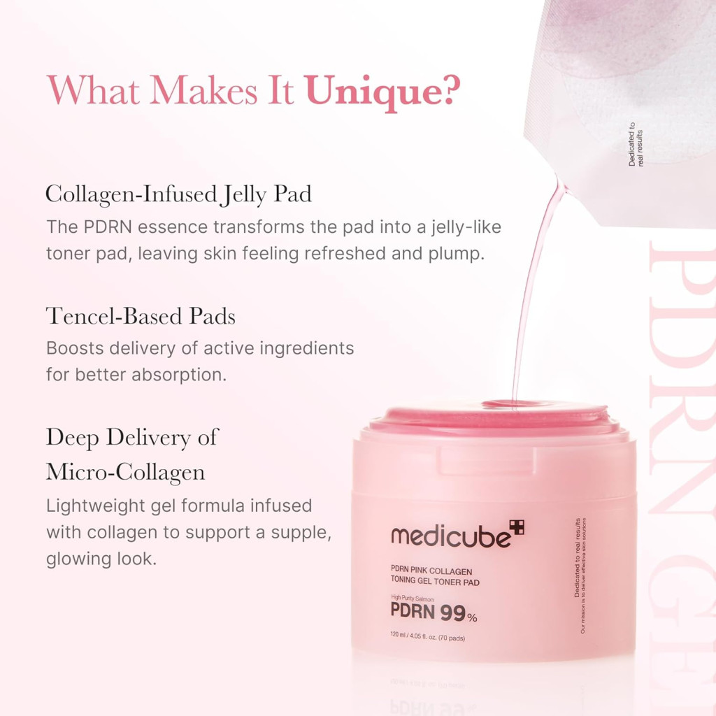 Medicube PDRN 99% Pink Collagen Toner Pad, Bouncy Gel for Elasticity, Glow & Smooth Skin, 70 Pads