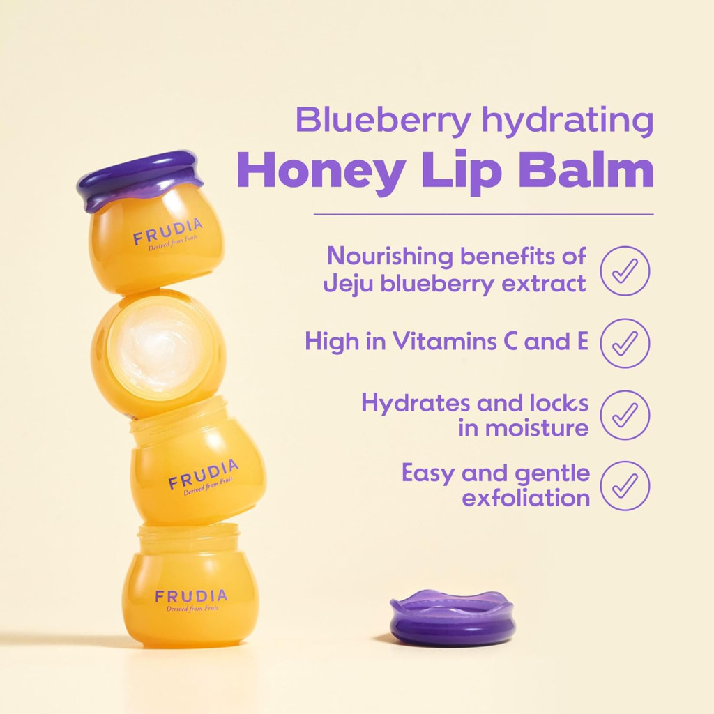 Frudia Blueberry Hydrating Honey Tube Lip Balm, Moisturizing, Exfoliating Care for Dry and Chapped Lips, 10ml