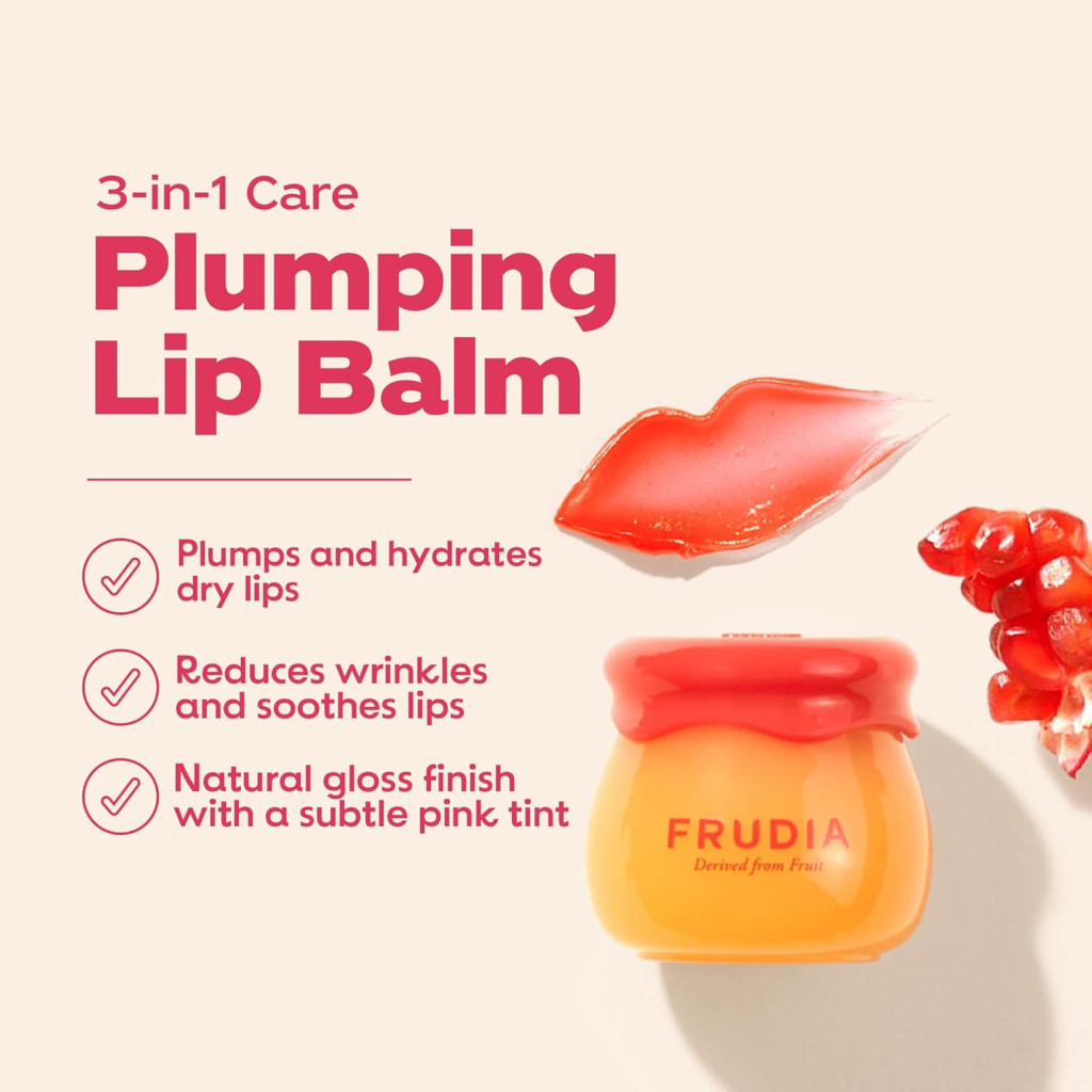 Frudia Pomegranate Honey 3-In-1 Lip Balm, Moisturizing, Plumping and Tinted Lip Care for Soft, Glossy Lips, 10ml