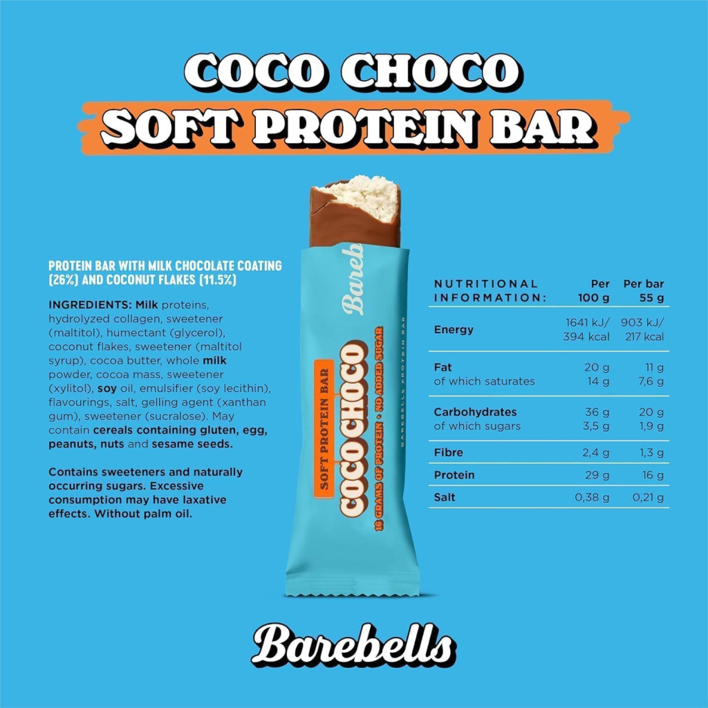 Barebells Soft Protein Bar Coco Choco 55g, 16g Protein, No Added Sugar, Pack of 12