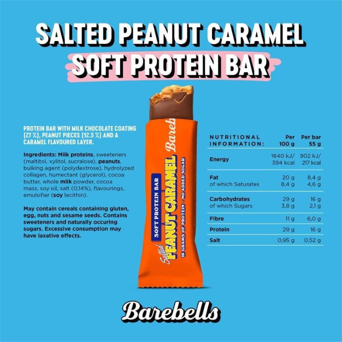 Barebells Soft Protein Bar Salted Peanut Caramel 55g, 16g Protein, No Added Sugar, Pack of 12