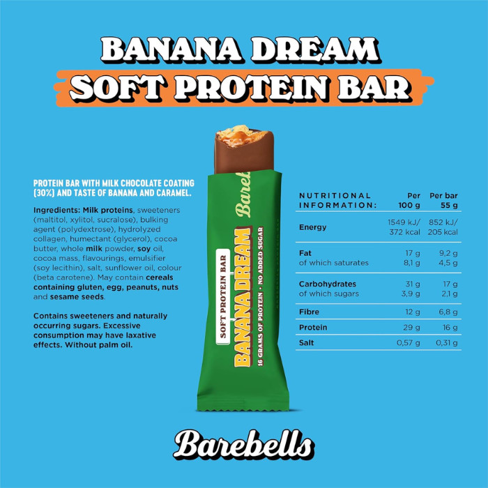 Barebells Soft Protein Bar Banana Dream 55g, 16g Protein, No Added Sugar, Pack of 12