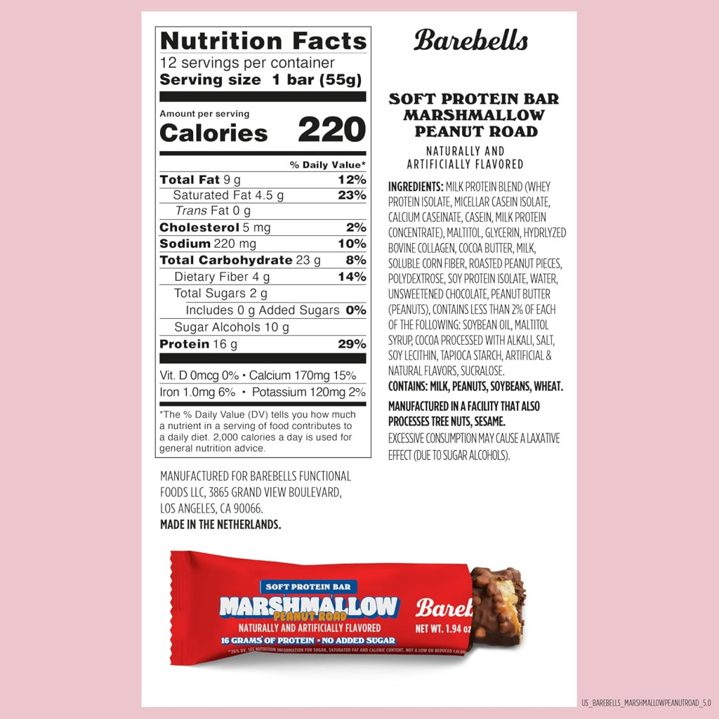 Barebells Soft Protein Bar Marshmallow Peanut Road 55g, 16g Protein, No Added Sugar, Pack of 12