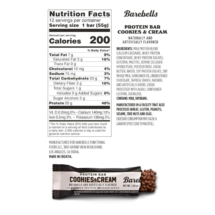 Barebells Protein Bar Cookies and Cream 55g, High Protein, No Added Sugar, Pack of 12