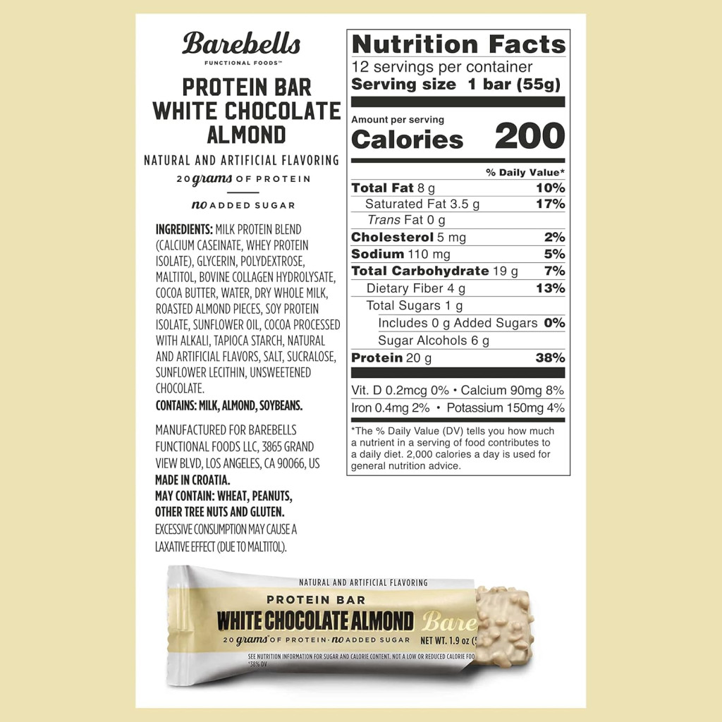 Barebells Protein Bar White Chocolate Almond 55g, High Protein, No Added Sugar, Pack of 12