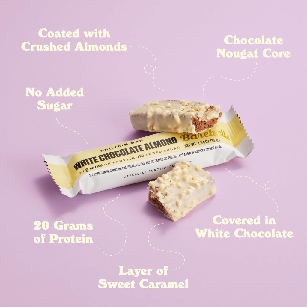 Barebells Protein Bar White Chocolate Almond 55g, High Protein, No Added Sugar, Pack of 12