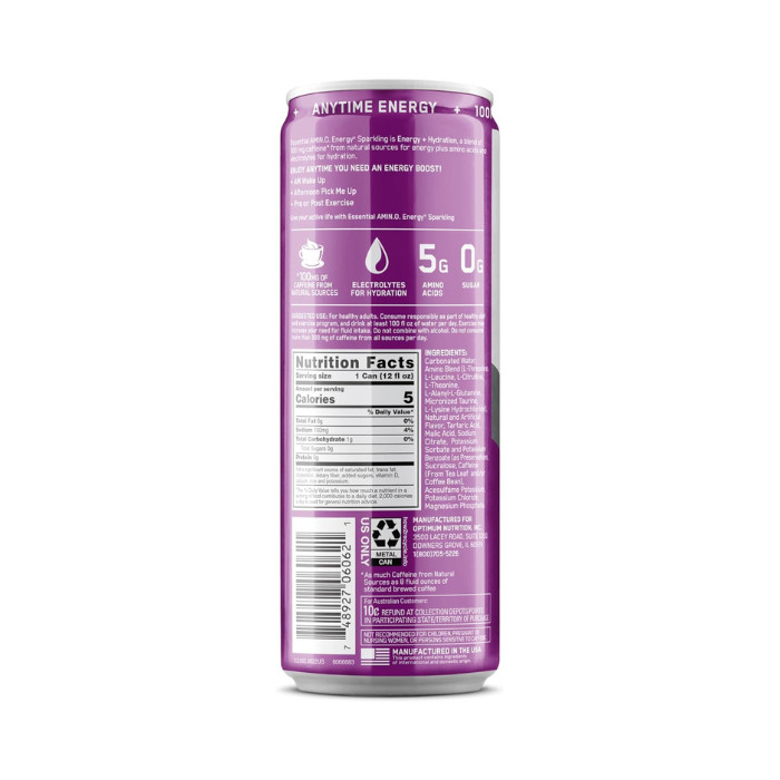 Optimum Nutrition Amino Energy Sparkling Grape, Clean Energy, EAAs and Electrolytes, 355ml