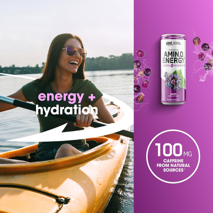 Optimum Nutrition Amino Energy Sparkling Grape, Clean Energy, EAAs and Electrolytes, 355ml