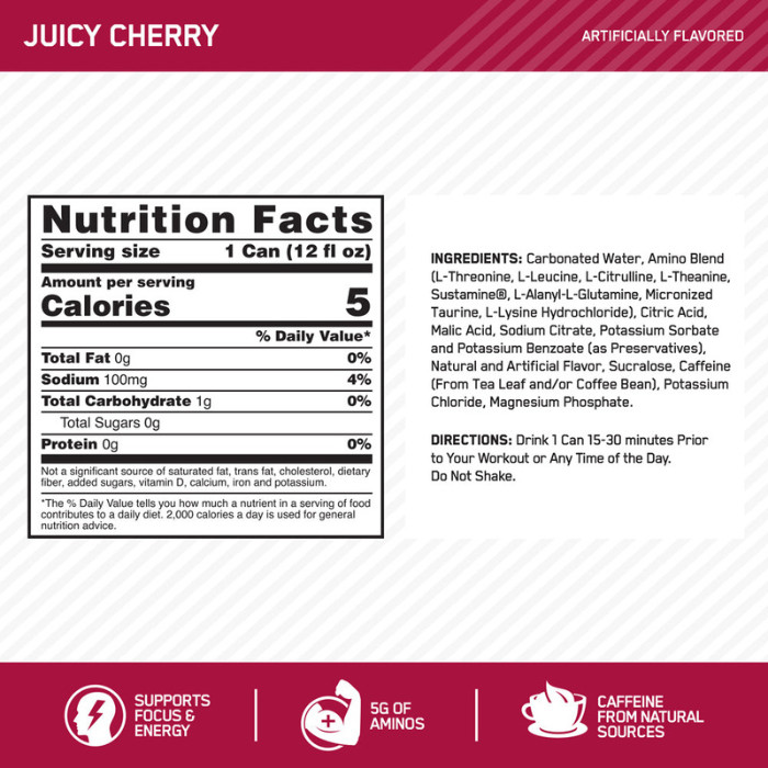 Optimum Nutrition Amino Energy Sparkling Juicy Cherry, Energy, EAAs and Electrolytes, 355ml