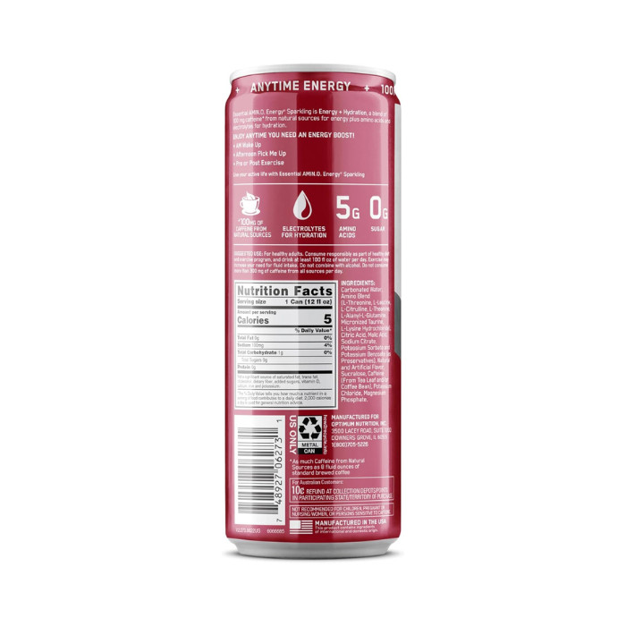 Optimum Nutrition Amino Energy Sparkling Juicy Cherry, Energy, EAAs and Electrolytes, 355ml