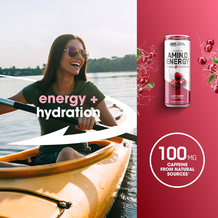 Optimum Nutrition Amino Energy Sparkling Juicy Cherry, Energy, EAAs and Electrolytes, 355ml