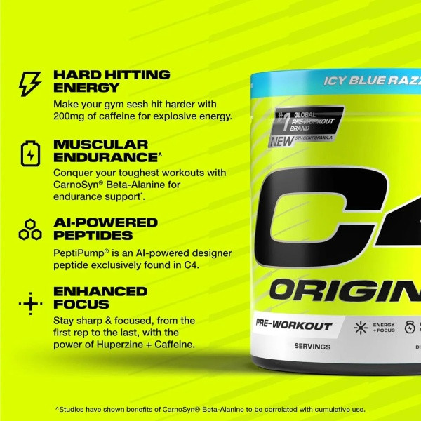 Cellucor C4 Original Pre-Workout Icy Blue Raspberry 470g, Energy, Focus and Endurance, 50 Servings