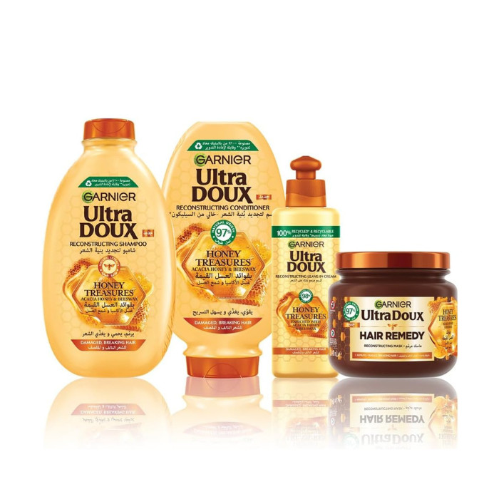 Garnier Ultra Doux Honey Treasures Reconstructing Shampoo, Nourishing Hair Repair, 2x400ml