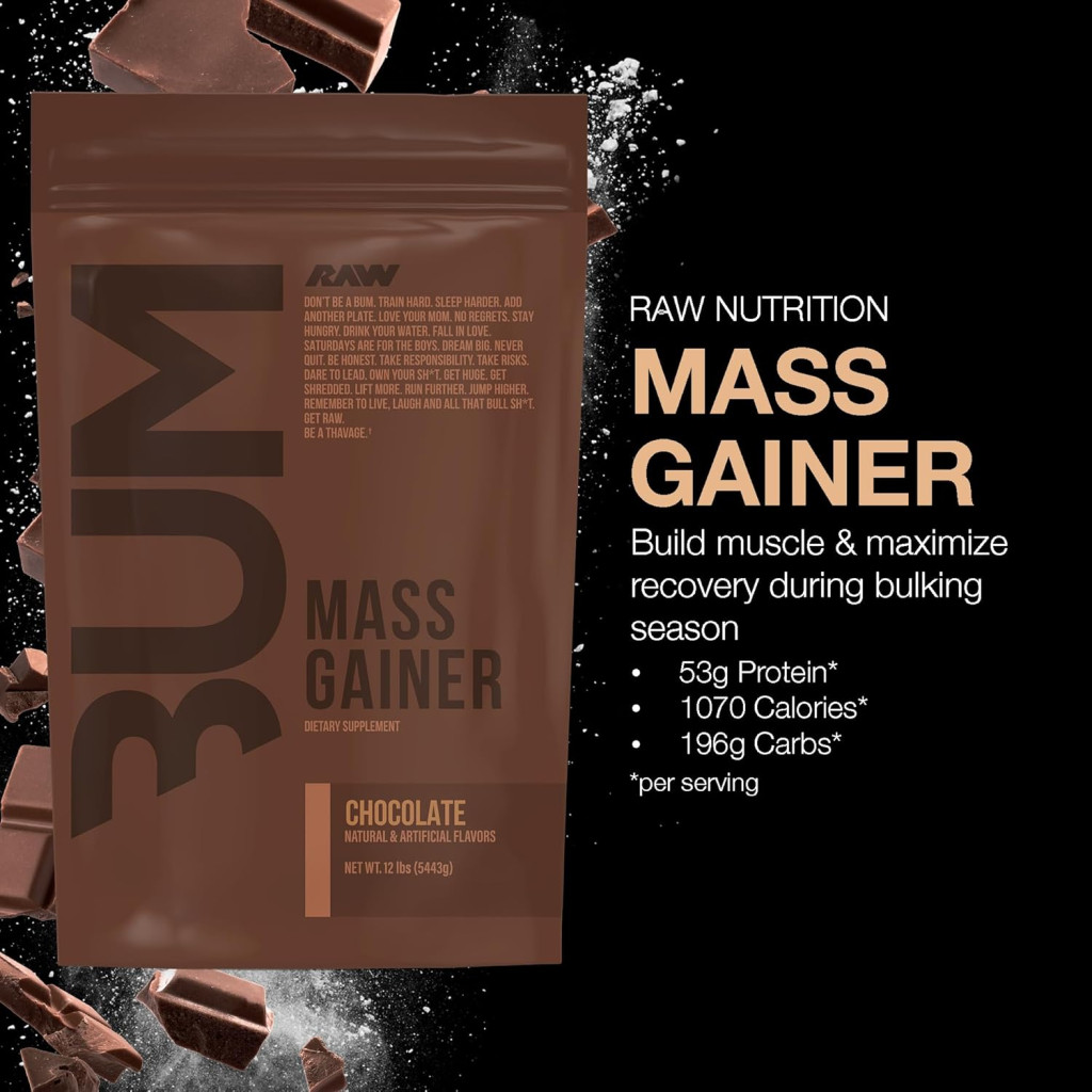 Raw Nutrition Bum Mass Gainer, High Calorie Protein & Carb Chocolate Powder, 12lb