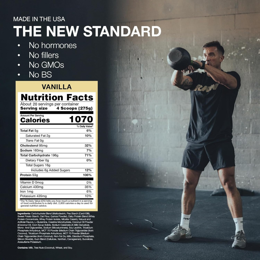 Raw Nutrition Bum Protein Powder Vanilla, High-Calorie Muscle Mass Gainer, 12lb