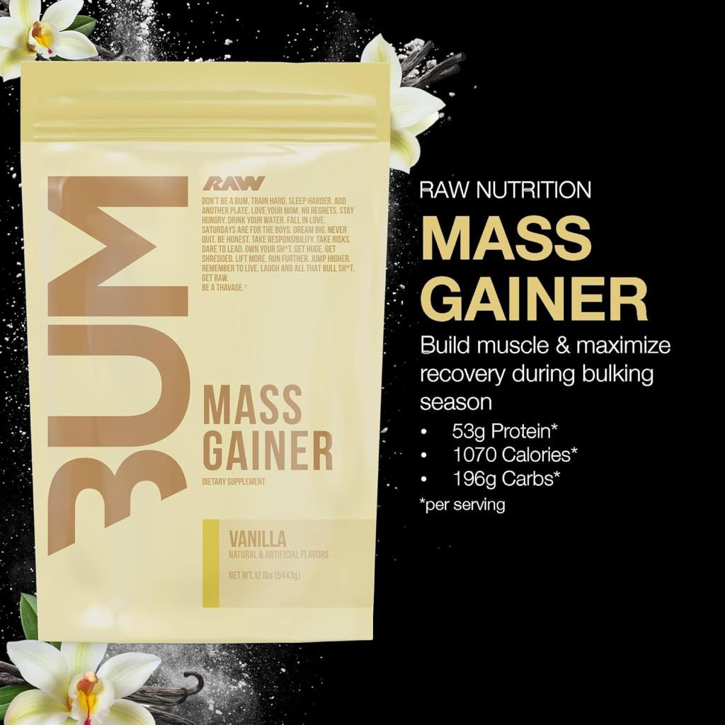 Raw Nutrition Bum Protein Powder Vanilla, High-Calorie Muscle Mass Gainer, 12lb