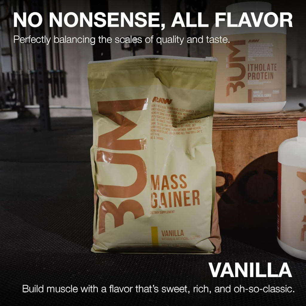 Raw Nutrition Bum Protein Powder Vanilla, High-Calorie Muscle Mass Gainer, 12lb