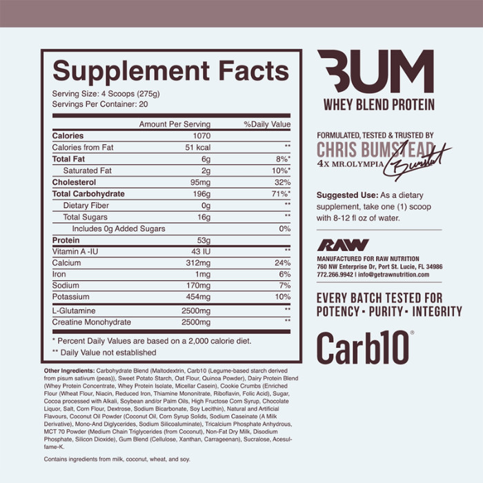 Raw Nutrition Bum Protein Powder Cookies & Cream, High-Calorie Muscle Mass Gainer, 12lb