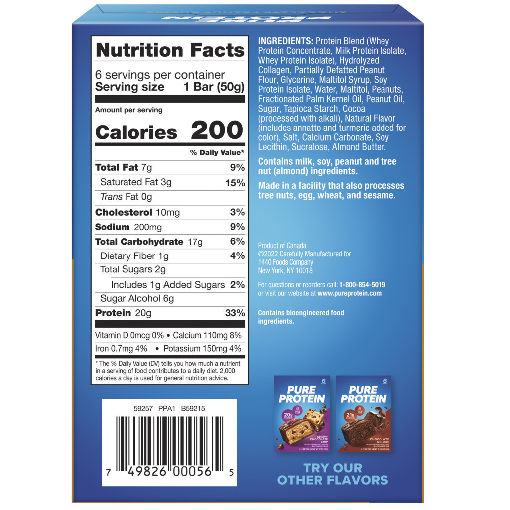 Pure Protein Bar Chocolate Peanut Butter, High Protein Snack, Low Sugar, Gluten-Free, Fuel for Fitness 50g – Box of 6