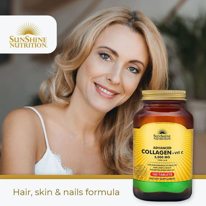 Sunshine Nutrition Advanced Collagen + Vitamin C – Type I & III Hydrolyzed Collagen for Skin, Hair, Joints & Bones – 100 Tablets