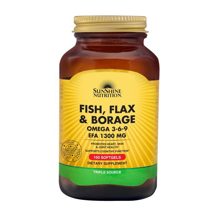 Sunshine Nutrition Omega 3-6-9 1300mg - Fish, Flax & Borage Blend for Heart, Joint, Skin & Brain Health - 100 Softgels